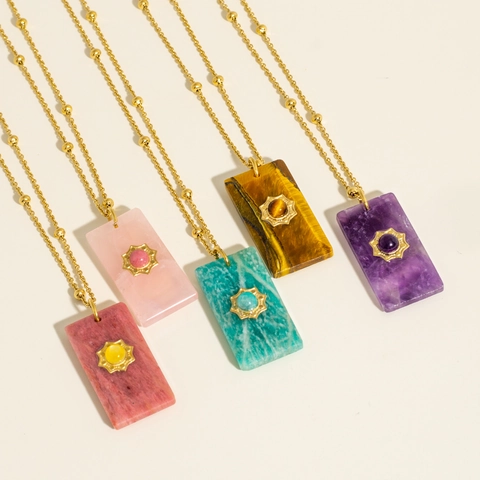 Vintage Stainless Steel Pendant Necklace For Women Natural Stone Square Sun Star Charm Gold Beaded Chain Jewelry Gift