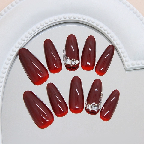 Handmade Wine Red Press On Nails Almond Shape Reusable False Nails Rhinestone Pearl Decoration Vintage Luxury Nails