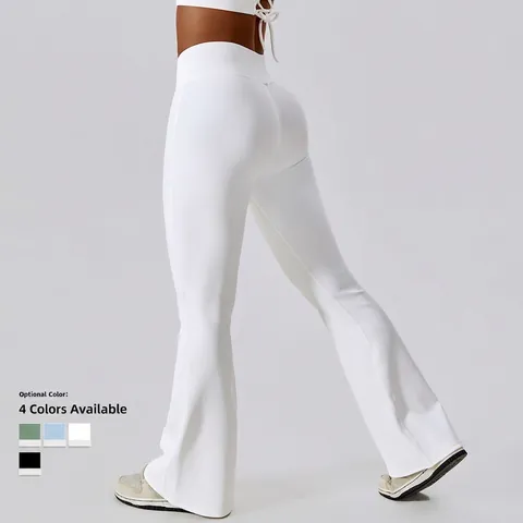 Pantalones De Yoga Acampanados Para Mujer Cintura Alta Cruzada Tela Acanalada Fitness Danza Deportes