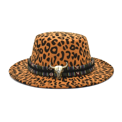 Cappello Fedora Leopardato Donna Tesa Larga Piatto Feltro Di Lana Cowboy Etnico Fascia Teschio Di Toro