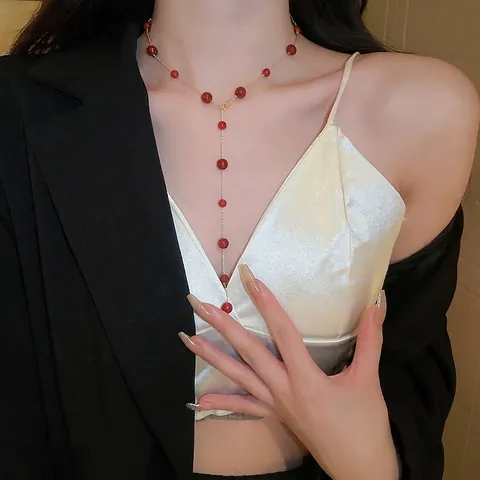 Κολιέ Y-Shape Lariat Με Κόκκινες Χάντρες Αχάτη Επιχρυσωμένη Χάλκινη Αλυσίδα Ρετρό Κομψό Μινιμαλιστικό Γυναικείο Κόσμημα