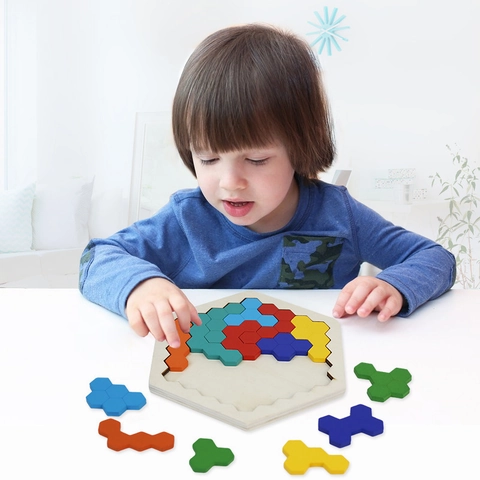 Hexagonal Wooden Puzzle Brain Teaser Geometric Logic Blocks Educational Learning Toy Colorful Creative Intellectual Game