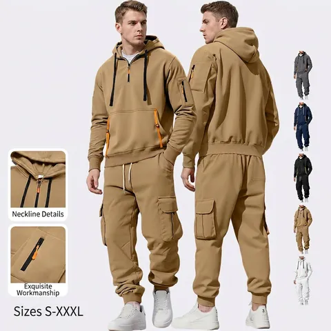 Men Hooded Sweatshirt And Cargo Pants Polyester Fleece Half Zip Hoodie Tracksuit Casual Outdoor Sporty Streetwear