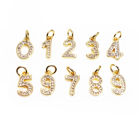 Arabic Number Pendant 14K Gold Plated Copper Micro Pave Zircon DIY Jewelry Charms For Necklace Bracelet Making Accessory