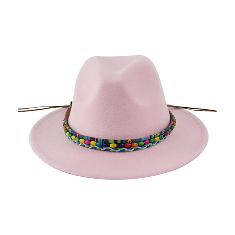 Chapeau Fedora Feutre De Laine Style Ethnique Perles Colorées Bande Tissée Large Bord Plat Jazz Pour Hommes Femmes