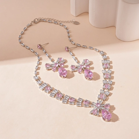 Collana E Orecchini Fiocco Goccia D'Acqua Gioielli Rame Zirconia Con Perno In Argento Elegante Accessorio Donne