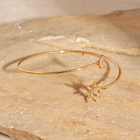 Bracciale Aperto Sole Luna Lega Zircone Polsino Regolabile Gioielli Design Elegante Per Donna Accessorio Moda