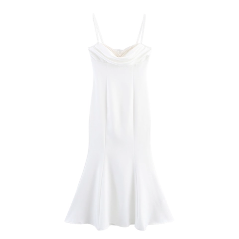 Elegante Vestido Largo Blanco Con Tirantes De Perlas Artificiales Cuello Desbocado Dobladillo Cola De Pez Vestido De Fiesta Satén