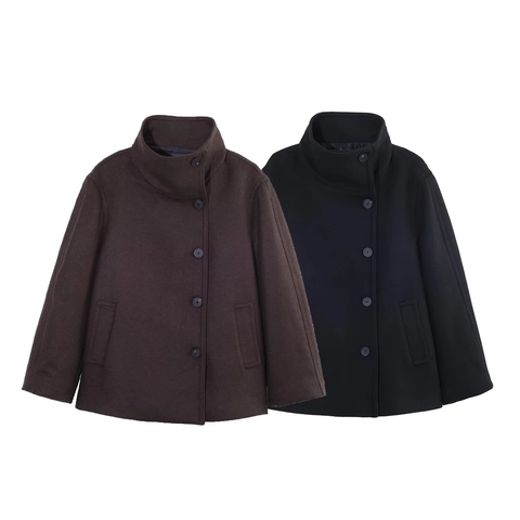 Abrigo De Lana Para Mujer Chaqueta De Cuello Alto Botonadura Sencilla Color Sólido Casual Corto Moda Otoño Invierno