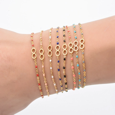 Bracciale Simbolo Infinito Acciaio Inossidabile Placcato Oro Perline Smalto Colorate Gioielli Bohémien Per Donna Regolabile