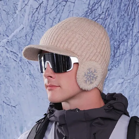 Berretto In Maglia Invernale Da Uomo Con Paraorecchie Fodera In Peluche Motivo Fiocco Di Neve Termico Antivento Sport