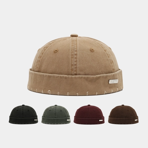 Retro Docker Hat Washed Cotton Distressed Brimless Cap Vintage Streetwear Miki Hat For Men Women Adjustable Solid Color