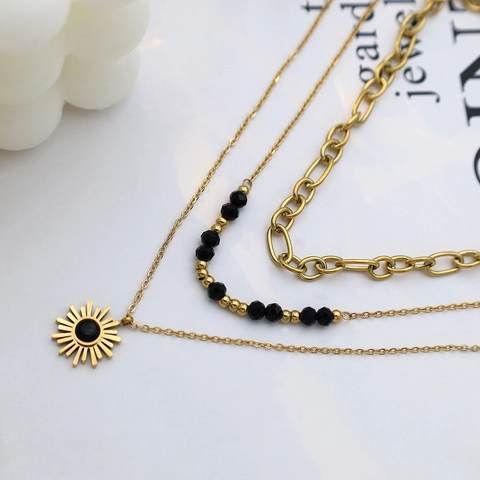 Dames Layered Roestvrij Staal Zon Hanger Halsketting Drie Lagen Zwarte Kraal Ketting Goud Sieraden Cadeau Voor Vrouwen