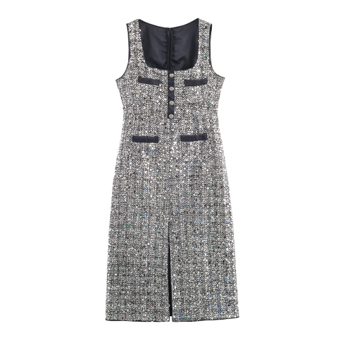 Vestito Tweed Paillettes Senza Maniche Scollo Quadrato Bottoni Aderente Elegante Festa Sera Donna Clubwear Sexy Chic