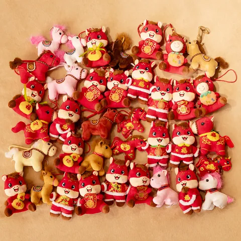 Zodiac Horse Mascot Plush Pendant Year Of The Horse Lucky Charm Embroidered Stuffed Animal Red Bag Keychain Chinese New Year Gift