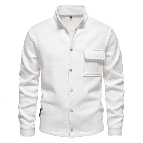 Men Waffle Knit Jacket Fleece Lined Lapel Cardigan Snap Button Pocket Casual Long Sleeve Outerwear Solid Coat