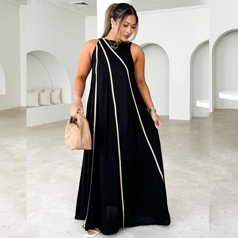 Sleeveless Maxi Dress Polyester Round Neck Striped Patchwork Loose Fit Elegant Urban Casual Long Gown For Women