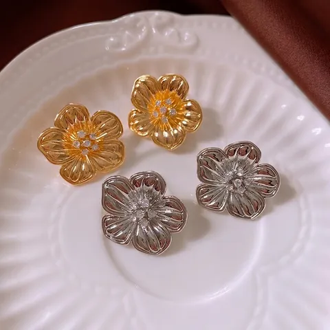 Flower Stud Earrings Copper Zircon With 925 Sterling Silver Earring Post Textured Five Petal Jewelry For Women