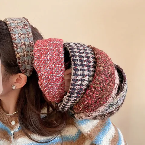 French Style Knitted Tweed Wide Headband Retro Elegant High Top Padded Hair Band Vintage Fabric Headwear For Women Girls