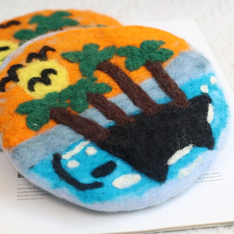 Cute Wool Felt Tropical Island Sunset Coin Purse Handmade Needle Felted Small Shoulder Bag For Women Girls