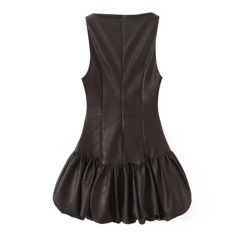 Women Sleeveless Faux Leather Mini Dress Round Neck High Waist Puffy Bubble Hem Sexy Trendy Chic Solid Color