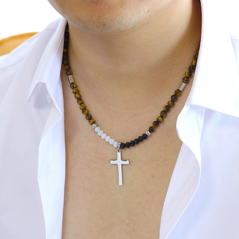 Collana Di Perle In Pietra Naturale Con Pendente A Croce In Acciaio Inossidabile Per Uomo Gioielli Religiosi Moda