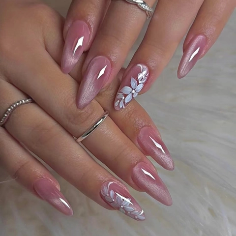 Long Almond Press On Nails Cat Eye Pink Ombre White Floral Design Glossy Artificial Fake Fingernails For Women