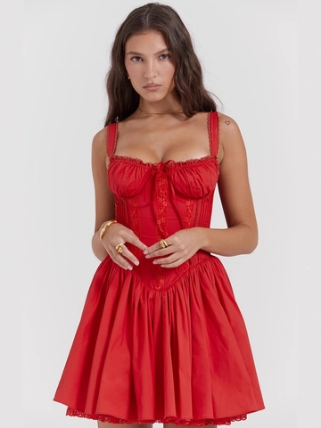 Mini Kleid Französischer Stil Korsett Träger Spitze Rüschen Ausgestellt Falten Vintage Sexy Abendparty