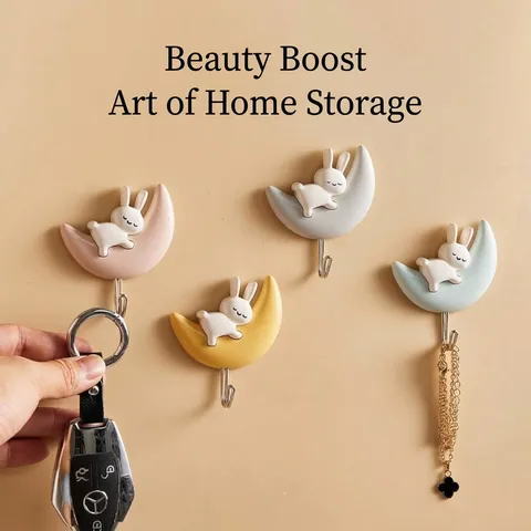 Creative Cute Rabbit Moon Wall Hook Punch-Free Self-Adhesive Key Holder Student Dormitory Decorative Plastic Metal Hook