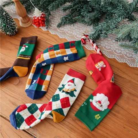 Calze Natalizie Cotone Maglia Metà Polpaccio Babbo Natale Quadri Motivo Festivo Donne Confezione Regalo
