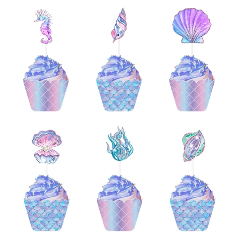 Mermaid Theme Cupcake Toppers And Wrappers Glitter Paper Ocean Seahorse Shell Decor For Birthday Party Kids Supplies