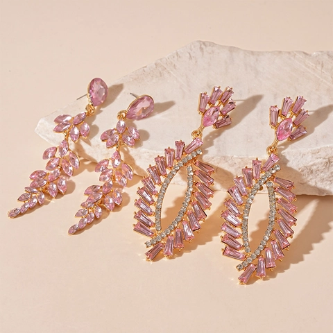 Elegante Roze Strass Blad Kwastje Hanger Oorbellen Voor Dames Legering Geometrische Lange Drop Met Silver Earring Post