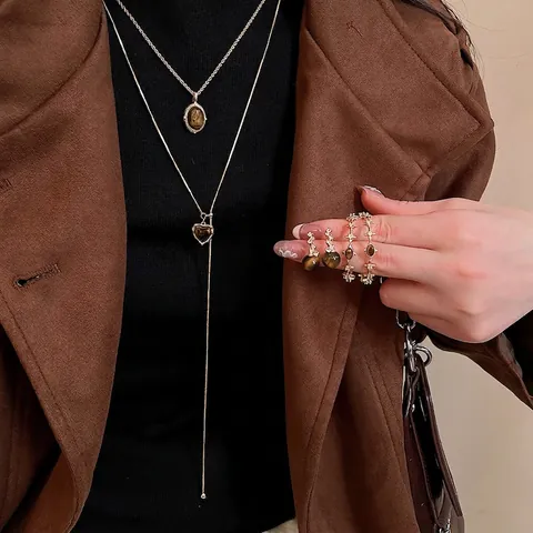 Vintage Tiger Eye Stone Necklace And Earrings Copper Zircon Inlaid Maillard Style Elegant Women With Silver Earring Post