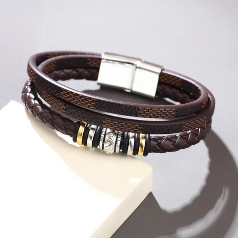 Men Braided Leather Bracelet Multi Layer Vintage PU Leather Bracelet With Alloy Beads Magnetic Clasp For Men