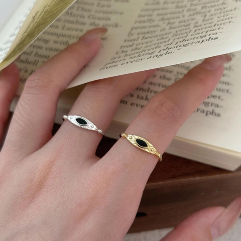 Evil Eye Ring 925 Sterling Silver Marquise Black Enamel Star Engraved Adjustable Open Finger Jewelry For Women