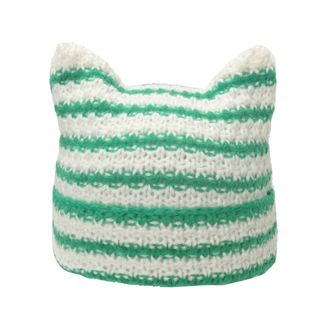 Gorro Beanie De Orejas De Gato Acrílico Rayado Tejido Invierno Cálido Resistente Al Viento Estilo Ins Para Mujeres