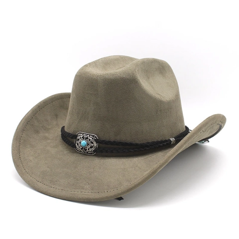 Cappello Da Cowboy Occidentale Retro Camoscio Poliestere Tesa Larga Con Fibbia Argento Turchese Stile Etnico Uomo Donna