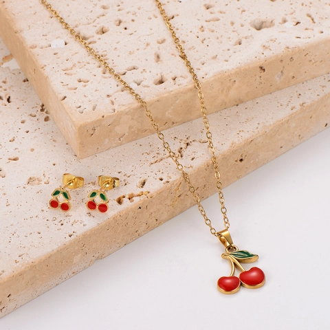 Cherry Pendant Necklace And Earrings Stainless Steel Enamel 18K Gold Plated Fruit Jewelry Fashion Elegant Accessory