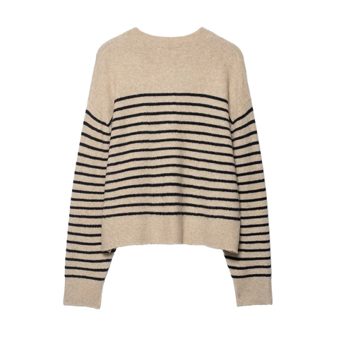 Suéter De Punto A Rayas Manga Larga Cuello Redondo Botones Henley Top Puños Acanalados Pullover Corto Estilo Casual Para Mujer