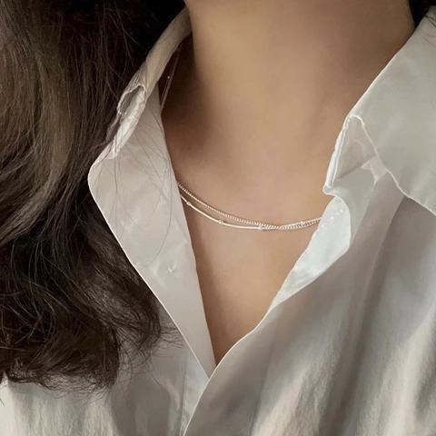 925 Sterling Silver Double Layer Necklace Snake Bone Chain Bead Accents Clavicle Chain Minimalist Elegant Jewelry For Women