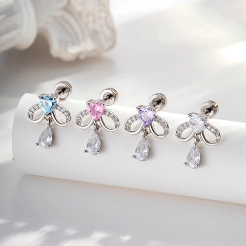 Heart Zircon Bow Ear Cartilage Stud Piercing Jewelry Titanium Steel Copper Cubic Zirconia Water Drop Pendant Trendy