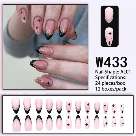 Press On Nails Almond Shape Plastic French Black Tip Gold Glitter Four Pointed Star Nude Pink Fashionable For Women