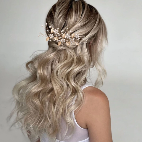 Handgefertigte Goldene Blatt Und Künstliche Perle Haarnadeln Braut Hochzeit Kopfschmuck Accessoire Legierung Für Frauen