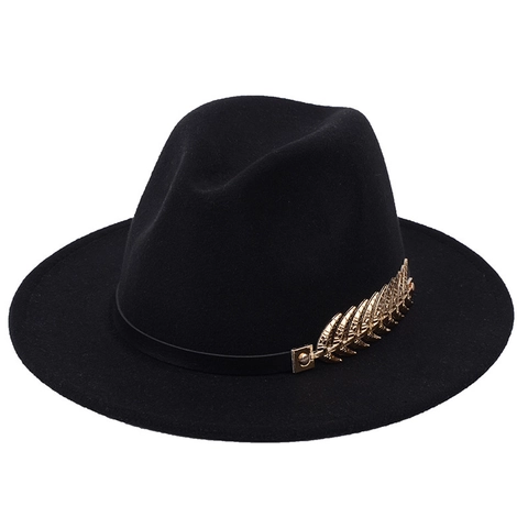 Vintage British Style Women Fedora Hat With Metal Leaf Decoration Polyester Wool Felt Wide Brim Jazz Hat Autumn Winter Elegant Lady Sunshade Party Hat