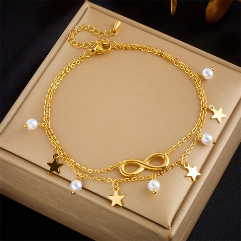Bohemian Gold Stainless Steel Double Layer Anklet For Women Heart Star Evil Eye Artificial Pearl Rhinestone Foot Chain Jewelry