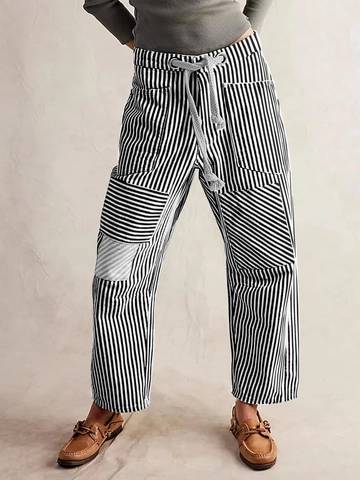 Pantalon Large À Rayures Verticales En Coton Pour Femmes Décontracté Patchwork Taille À Cordon Avec Poches