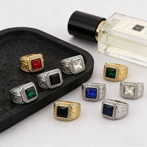 Freimaurer Herrenring Edelstahl Mit Quadratischem Edelstein Und Strass Hip Hop Mode Schmuck Für Männer