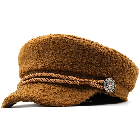 Gorra Newsboy Lana De Cordero Sherpa Forro Polar Otoño Invierno Cálido Color Sólido Cuerda Trenzada Botón Vintage Para Mujeres Hombres