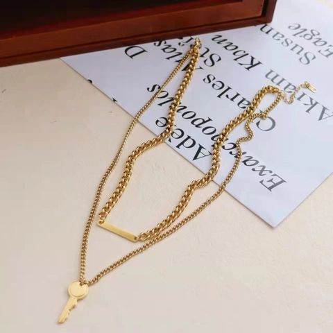 Layered Key And Bar Pendant Necklace Stainless Steel Gold Plated Hip Hop Vintage Style Minimalist Jewelry For Women Men