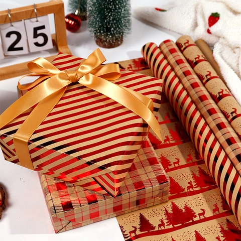 Christmas Gift Wrapping Paper Rolls Kraft Paper Red Bronzing Reindeer Plaid Stripes Holiday Party Present Packing Decor